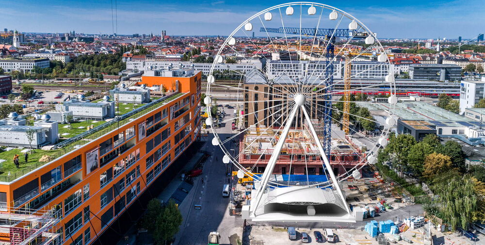 Vom weltgrößten mobilen Riesenrad blickt man nicht nur über München, sondern auch auf ein begrüntes Dach mit robatherm Geräten.